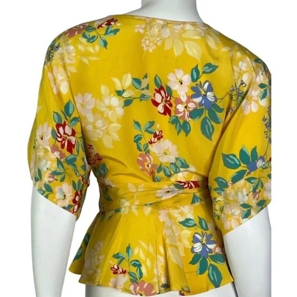 NWT Anthropologie Yumi Kim 100% Silk Floral Yellow Wrap Blouse Small​​​ - Picture 6 of 11